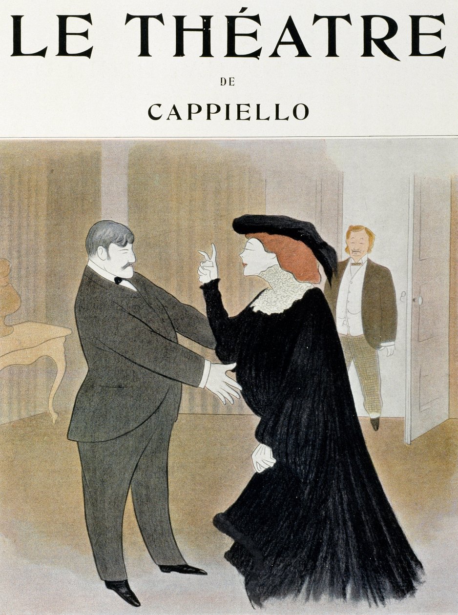 Les acteurs Lucien Guitry (1860-1925) et Jane Harding dans une scène de La Châtelaine, jouée au Théâtre de la Renaissance à Paris - page de titre du journal Théâtre, avril 1903, Paris - Leonetto Cappiello