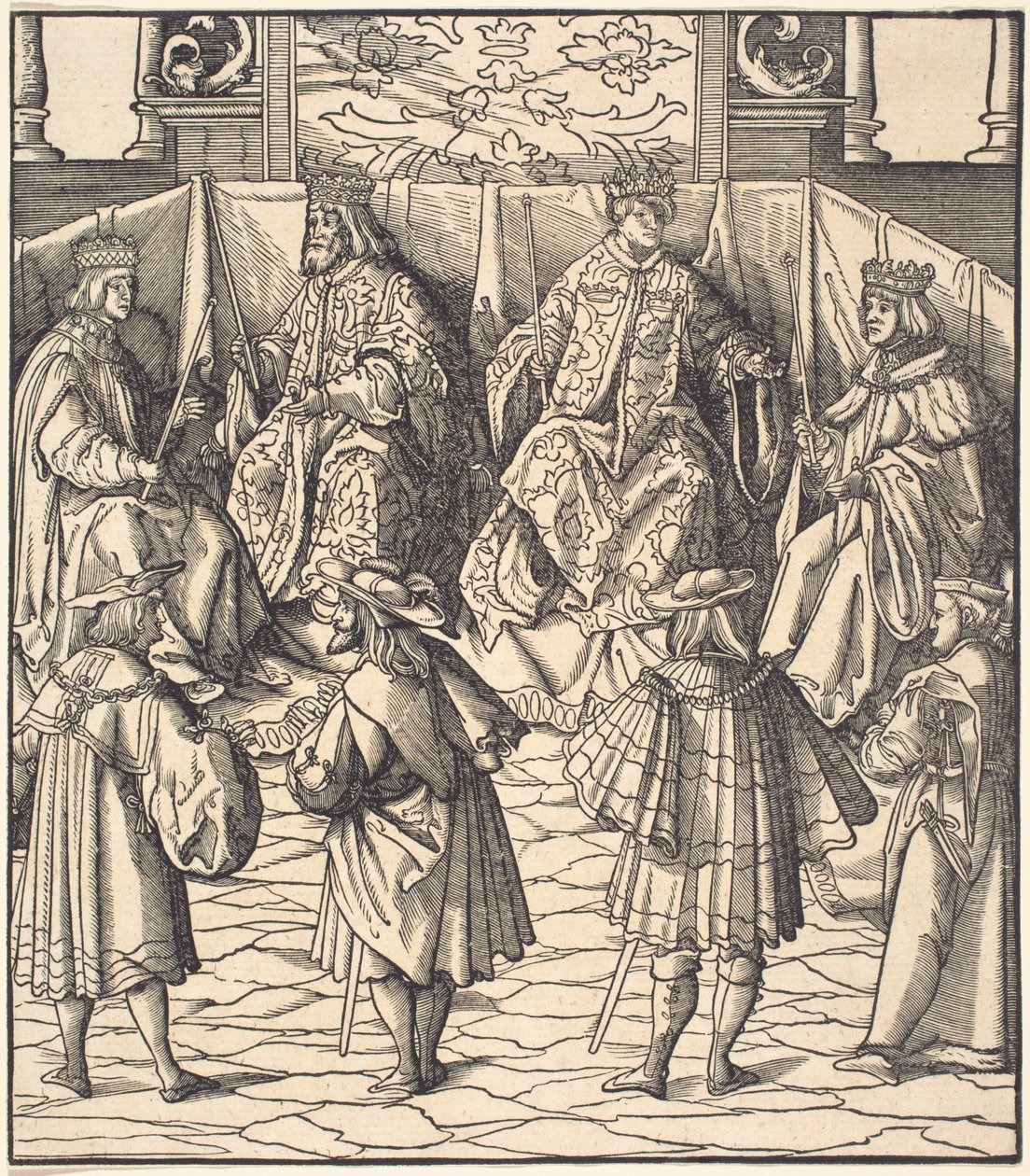Assemblée de Quatre Rois, au premier plan Quatre Hommes - Leonhard Beck