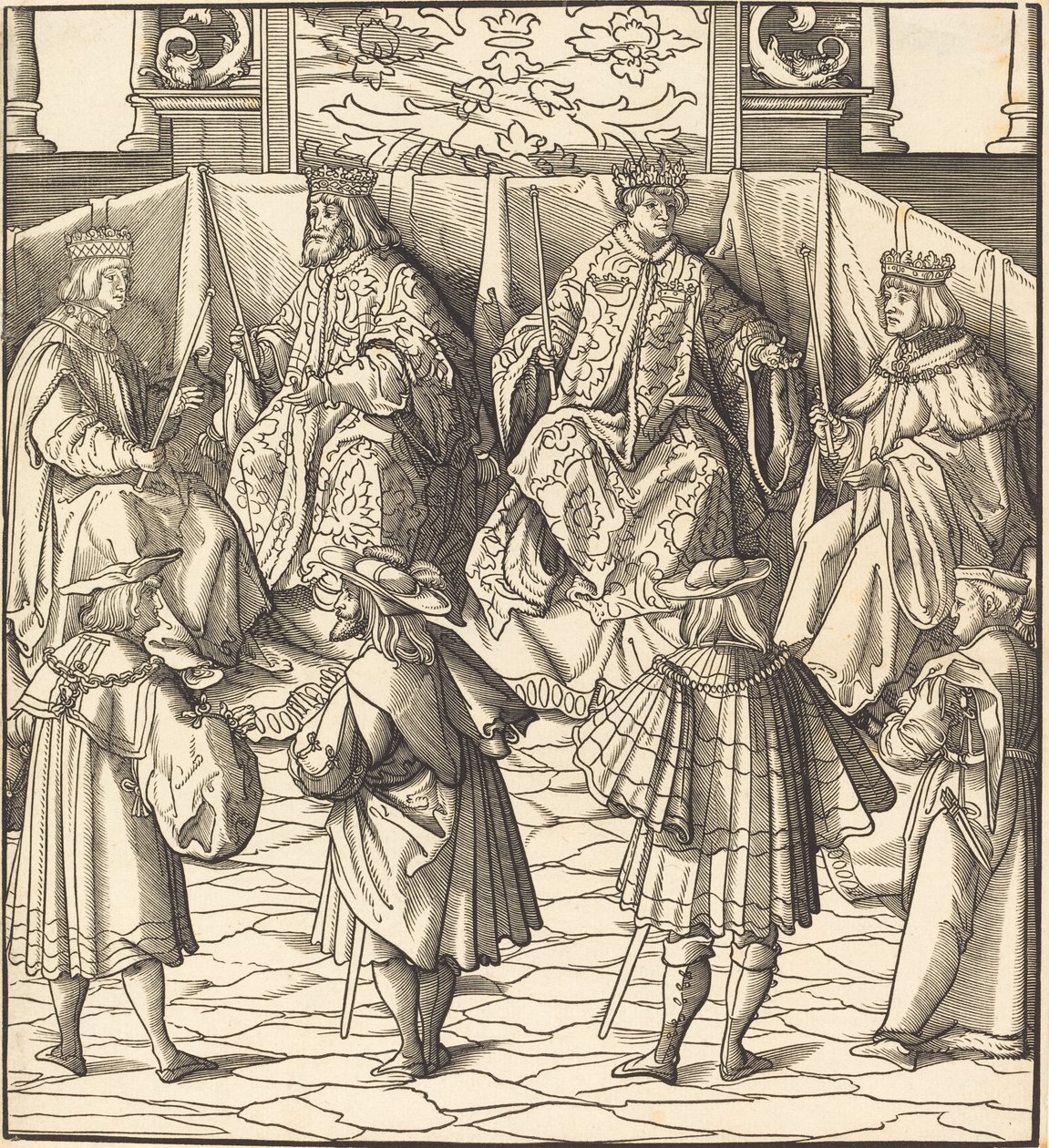 Assemblée de quatre rois, au premier plan quatre hommes - Leonhard Beck