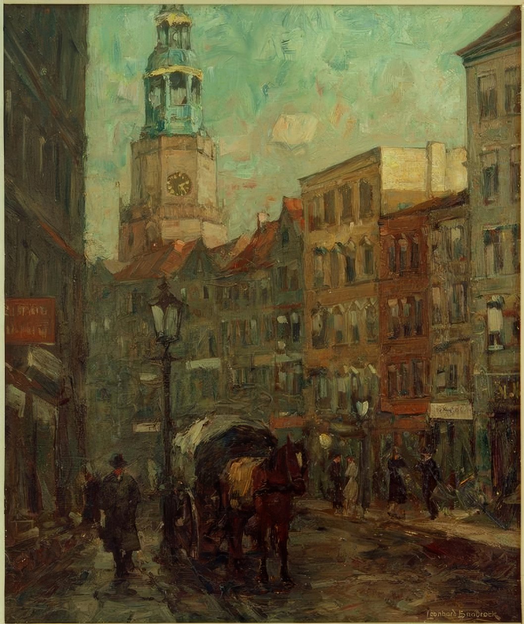 Rue avec fiacre, clocher en arrière-plan - Leonhard Sandrock