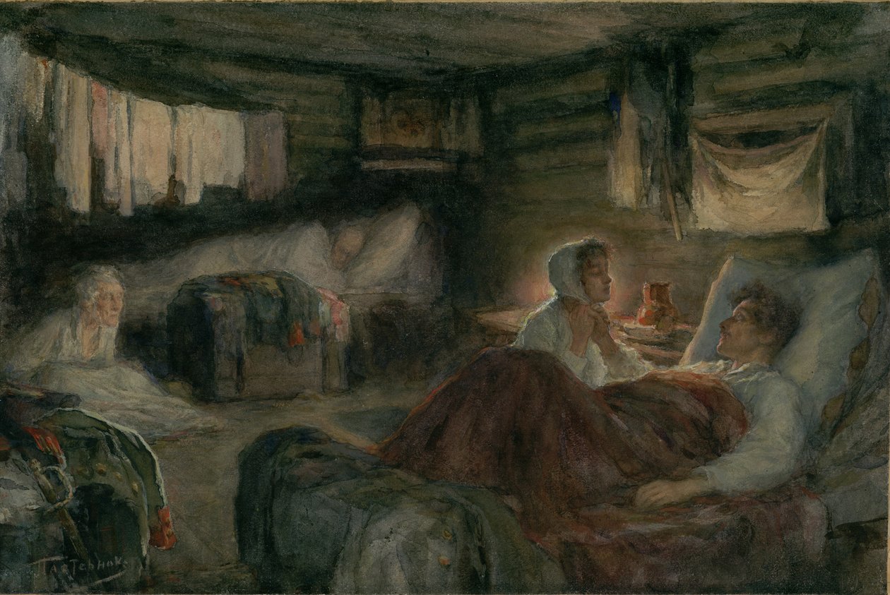 Natacha et le prince Andrei blessé à Mytishchi. Illustration pour le roman Guerre et Paix, 1893 - Leonid Osipovich Pasternak
