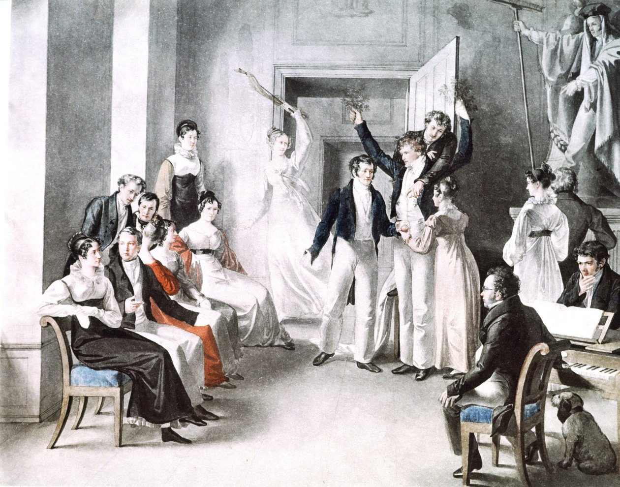 Réunion musicale de schubertiens. Schubert est assis sur la chaise à droite. Aquarelle de Kupelniesen - Leopold Kupelwieser