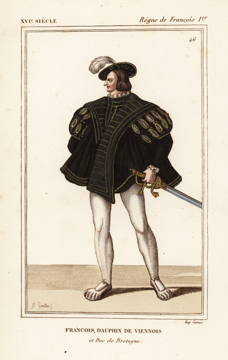 François III, duc de Bretagne 1518-1536. François, dauphin de Vienne et duc de Bretagne. Lithographie en couleur par J.B. Gautier d