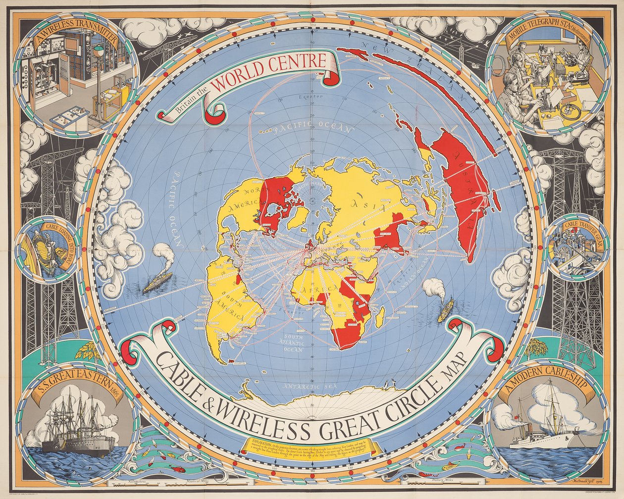 Carte des grands cercles de Cable & Wireless - Leslie MacDonald Gill
