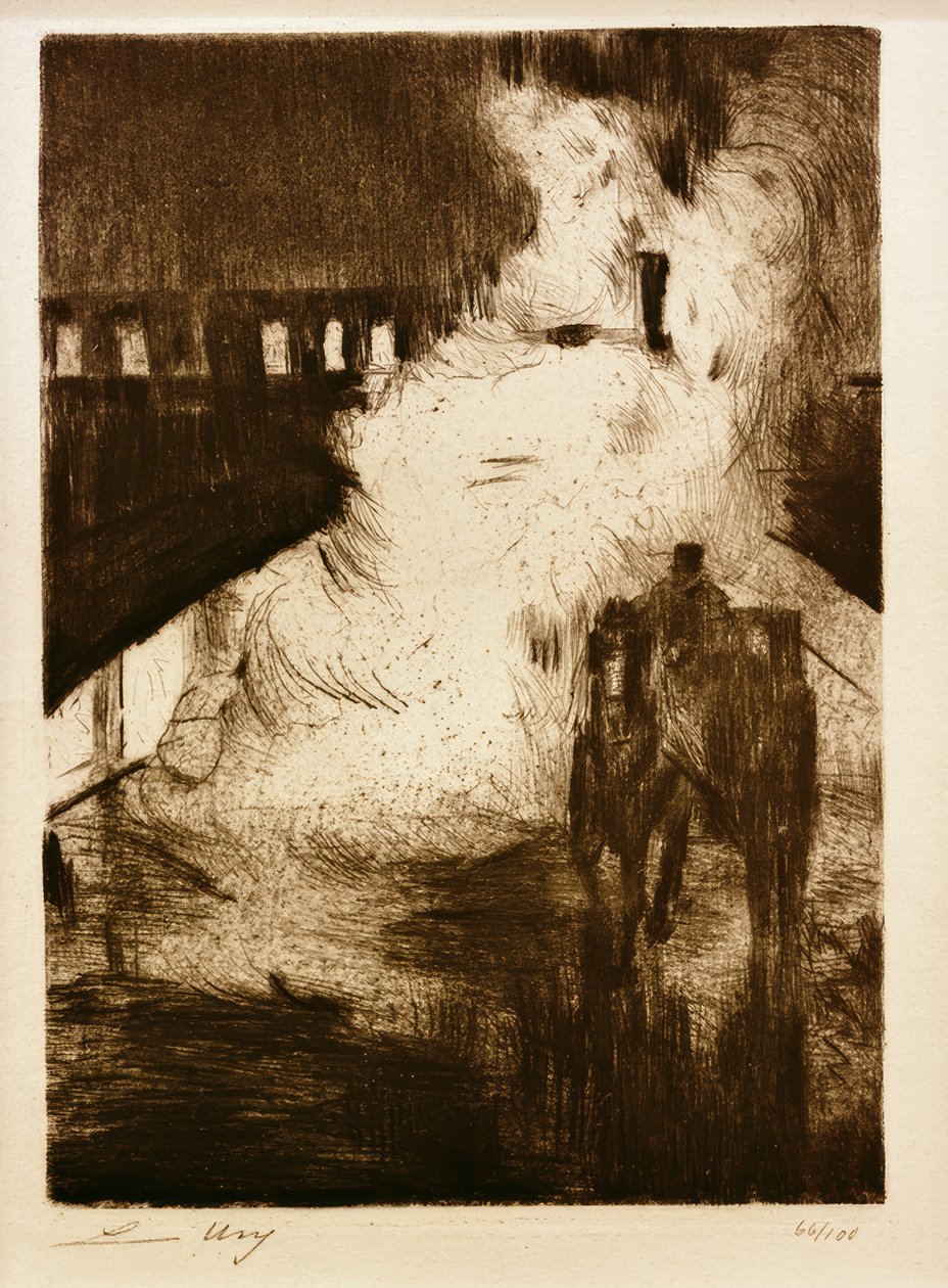 Impressions nocturnes (avec fiacre devant la vapeur de locomotive) - Lesser Ury