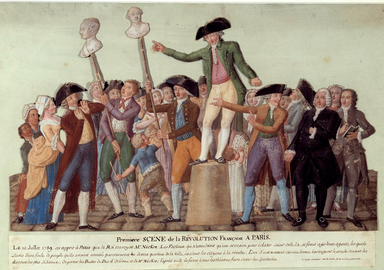 Première scène de la Révolution française à Paris : le 12/07/1789, après le renvoi de Jacques Necker par le roi, Camille Desmoulins harangue la foule au Palais-Royal et appelle à la révolte contre le gouvernement. Les bustes de Jacques Necker et Louis Phil - Lesueur Brothers