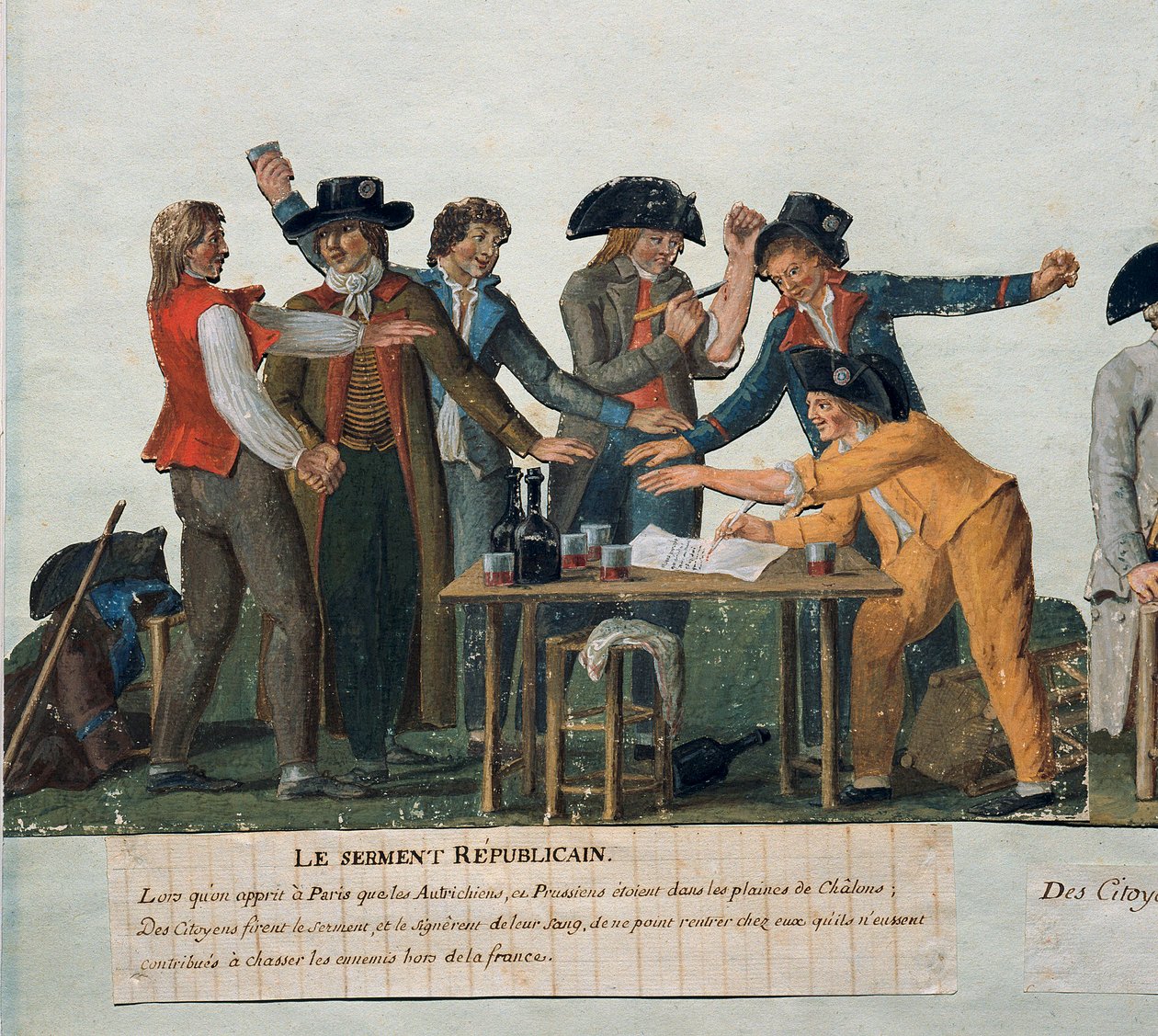 Révolution française : Le serment républicain : les citoyens jurent de leur sang de ne pas rentrer chez eux avant d