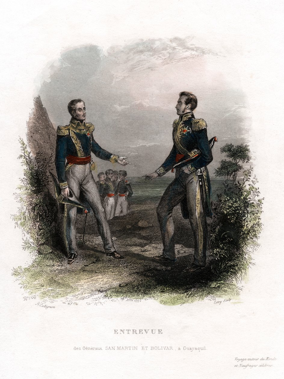 Rencontre entre les généraux San Martin et Bolivar, Guayaquil, Équateur, 1822, 19ème siècle - Levy