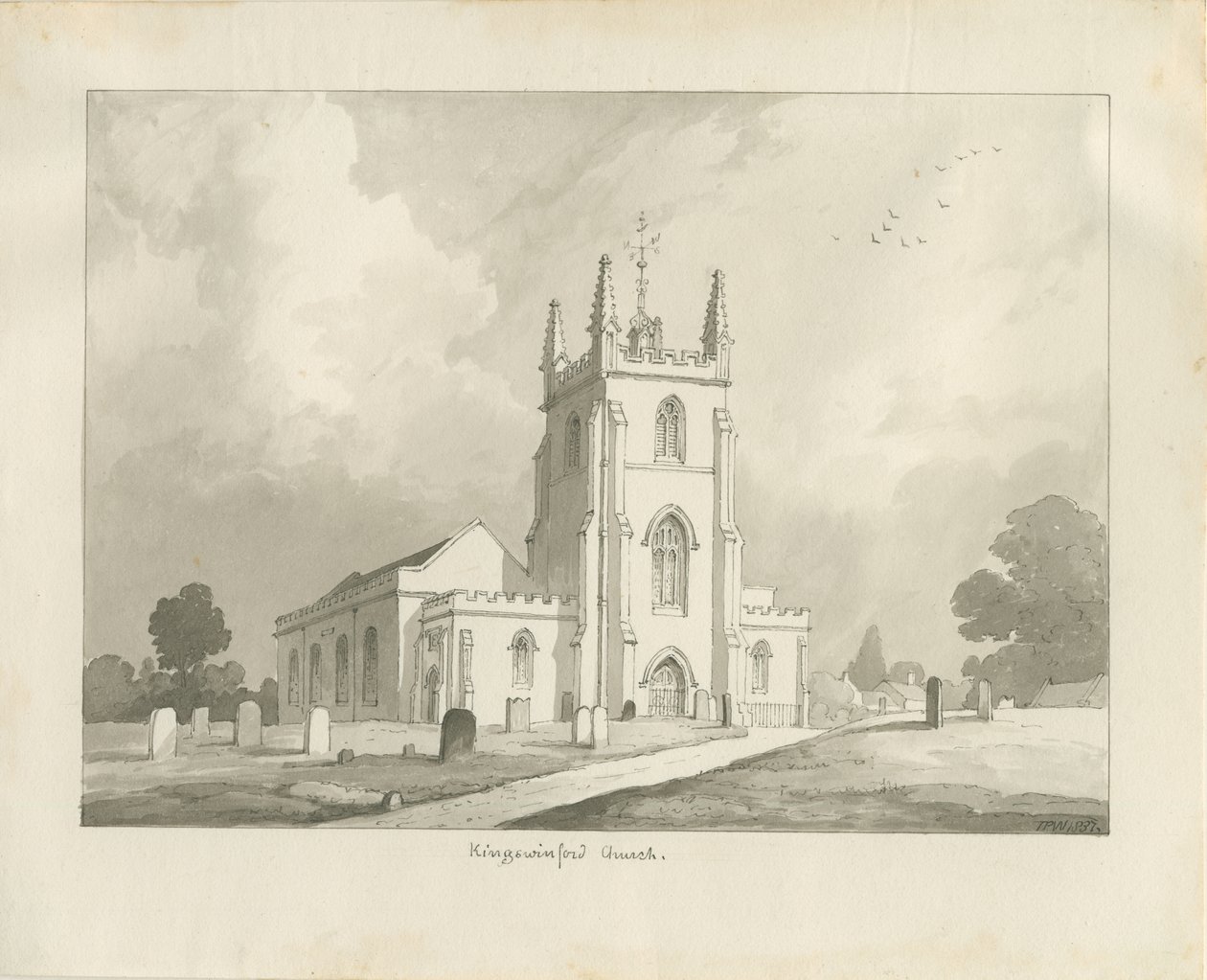 Église de Kingswinford : dessin à la sépia, 1837 - Lewis John Wood