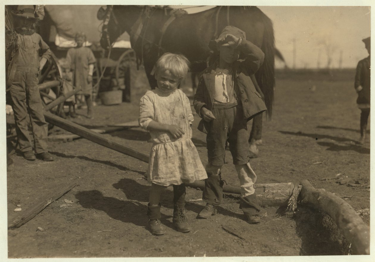 Cueilleur de coton âgé de 4 ans qui cueille régulièrement 15 livres par jour et un enfant de 7 ans qui en cueille 50. Ils se déplacent de ferme en ferme et vivent dans des wagons d
