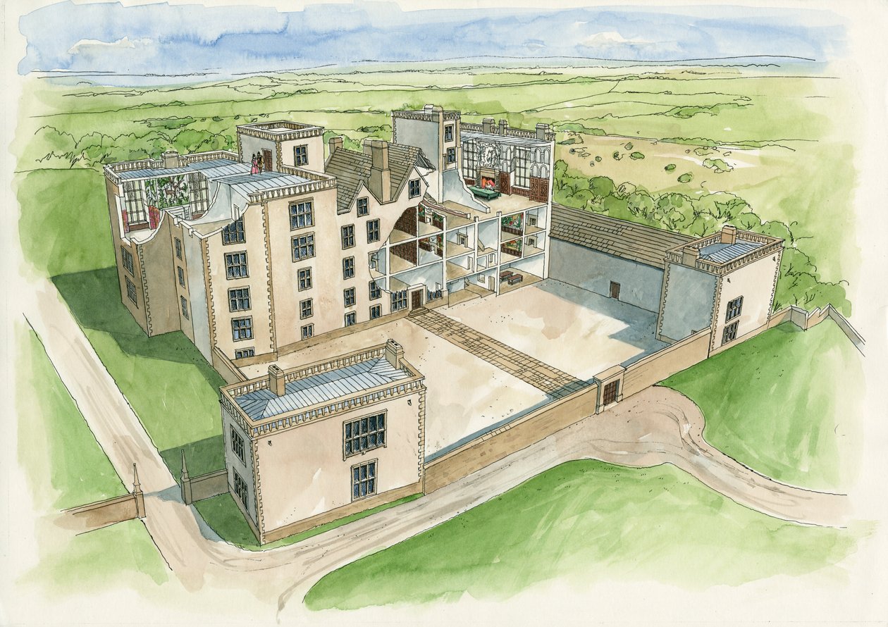 Reconstruction de Hardwick Old Hall en 1620 (aquarelle sur papier) - Liam Wales