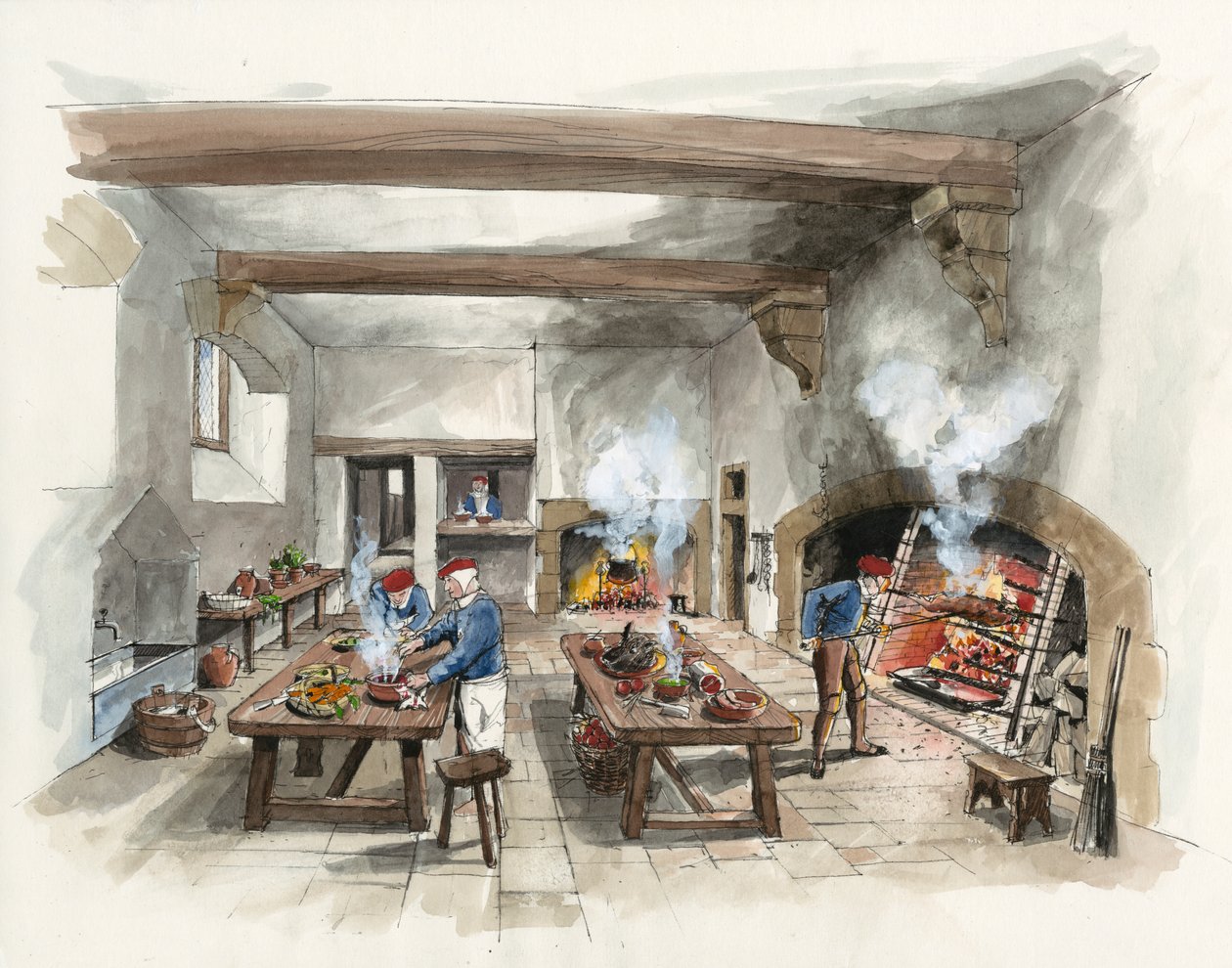 Reconstruction de la cuisine de Hardwick Old Hall en 1601 (aquarelle sur papier) - Liam Wales