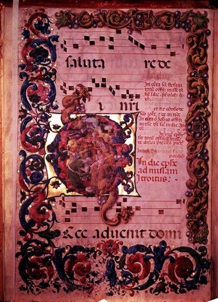 Page de musique avec une initiale historiée G représentant l