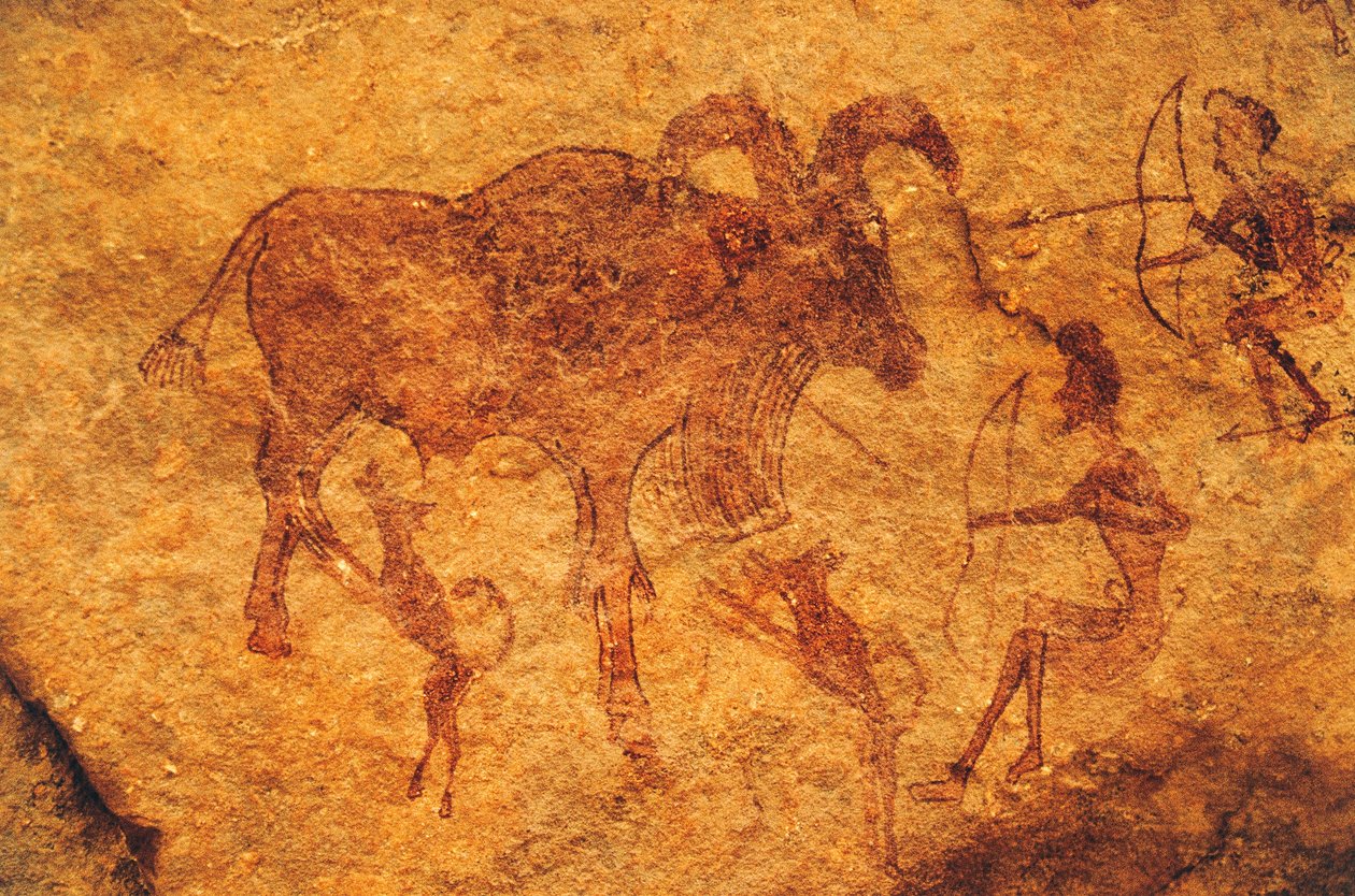Archers, chiens et animal à sabots, peinture rupestre, Tassili n