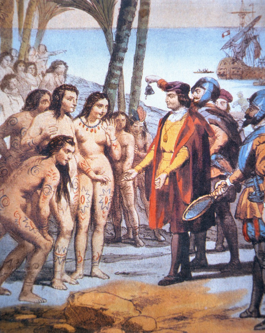 Christophe Colomb débarque dans le Nouveau Monde en 1492 et est accueilli par les Indiens Taïnos (lithographie en couleur) - Unbekannt Unbekannt