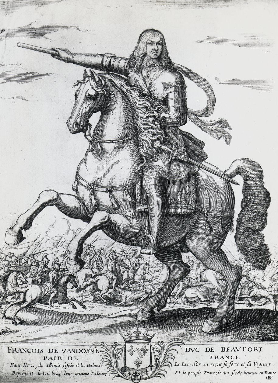 Portrait équestre de François de Bourbon-Vendôme (1616-1669), deuxième duc de Beaufort et général français, gravure de Nicolas de La Fage - Unbekannt Unbekannt