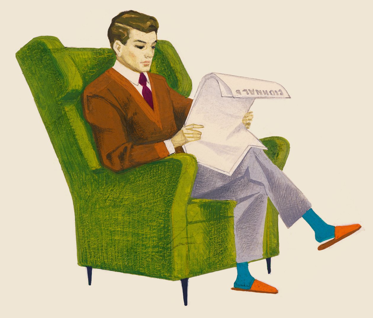 Homme lisant le journal assis dans un fauteuil, dessin - Unbekannt Unbekannt