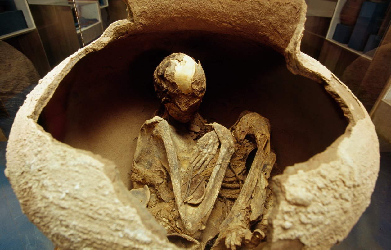 Momie dans une urne en céramique. Civilisation d