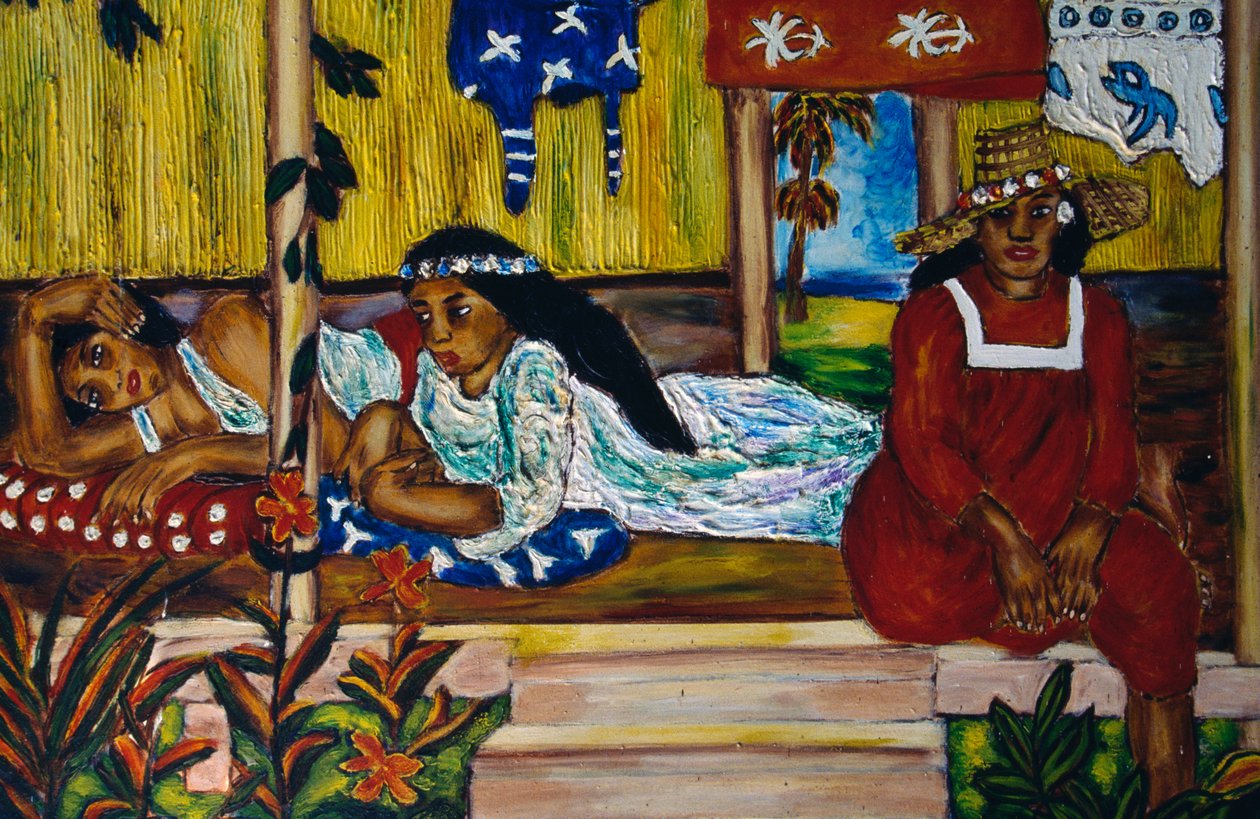 Femmes polynésiennes, vitrail, île de Moorea, îles de la Société, Polynésie française, territoire d