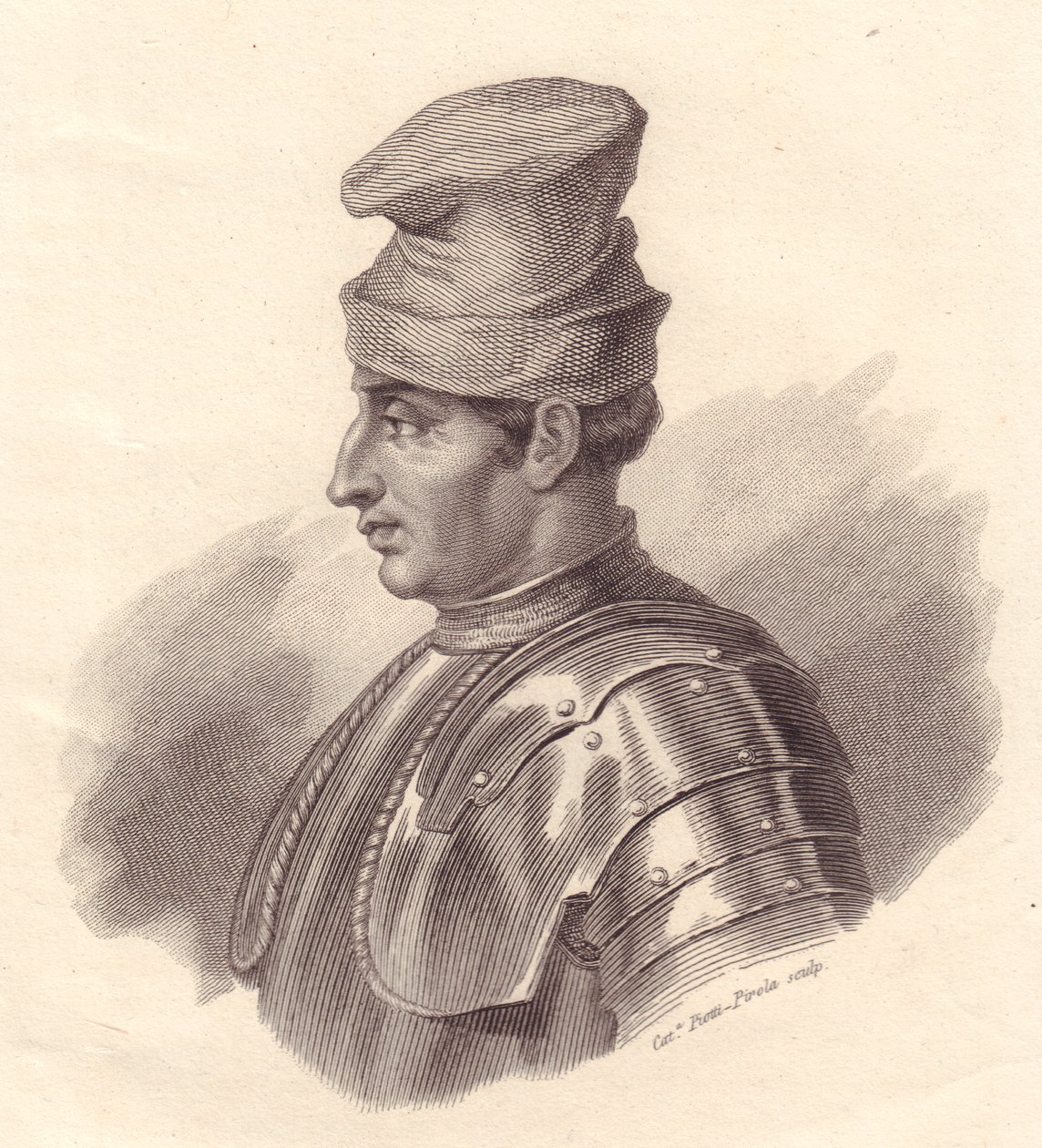 Portrait du chef militaire italien Niccolo Fortebraccio aussi connu sous le nom de della Stella (1389-1435), gravure sur cuivre par Caterina Piotti-Pirola - Unbekannt Unbekannt