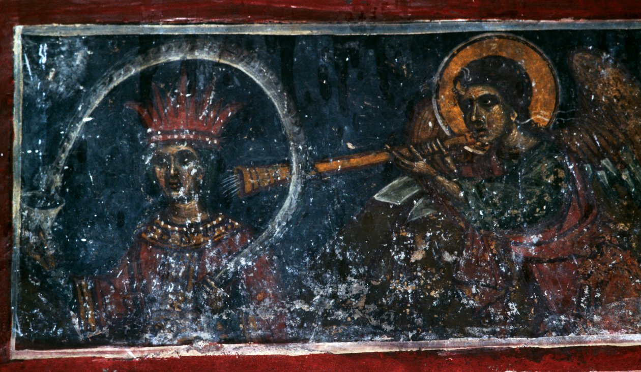 Saint jouant du cor, fresque dans l