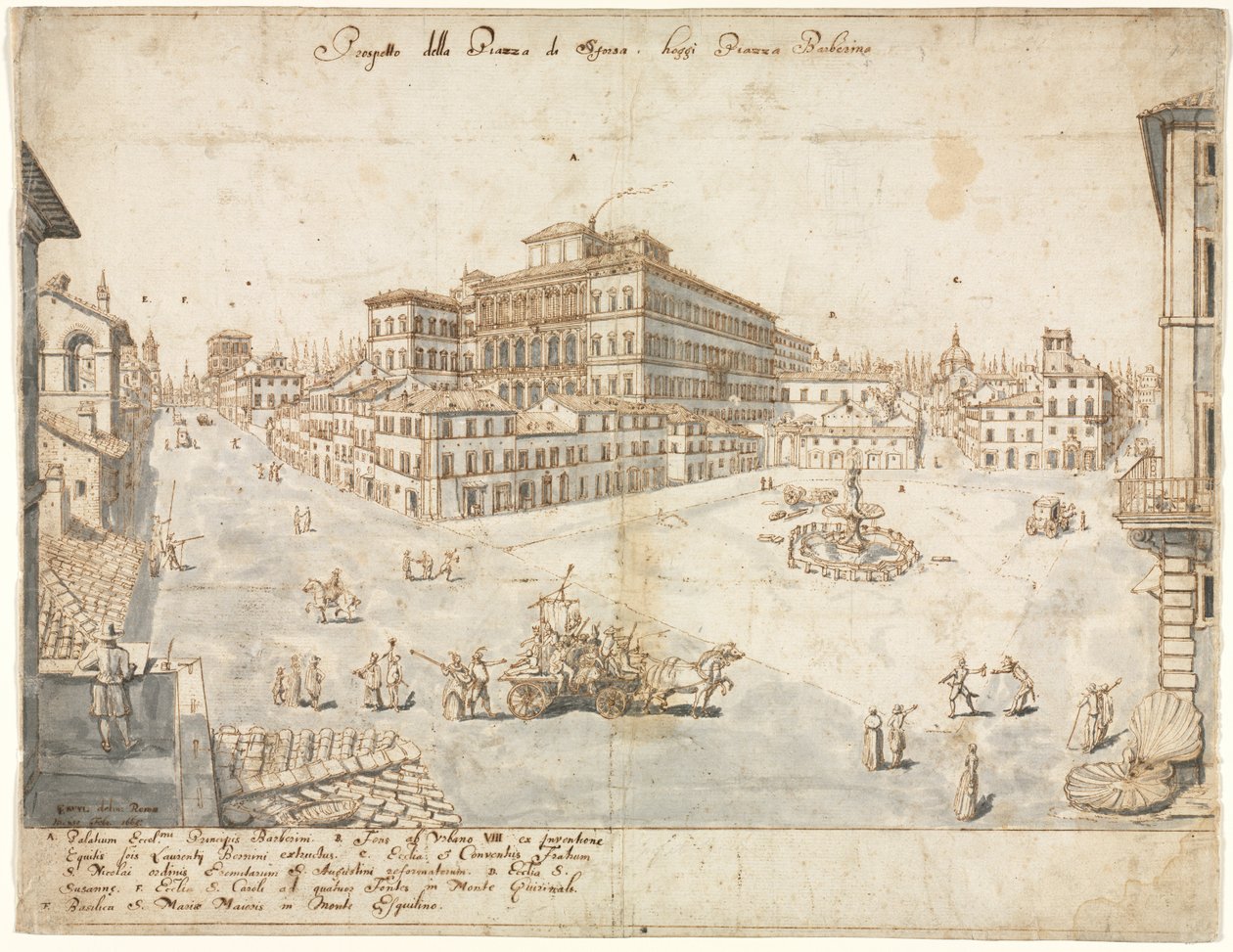 Dix-huit vues de Rome : La Piazza Barberini (recto) - Lievin Cruyl