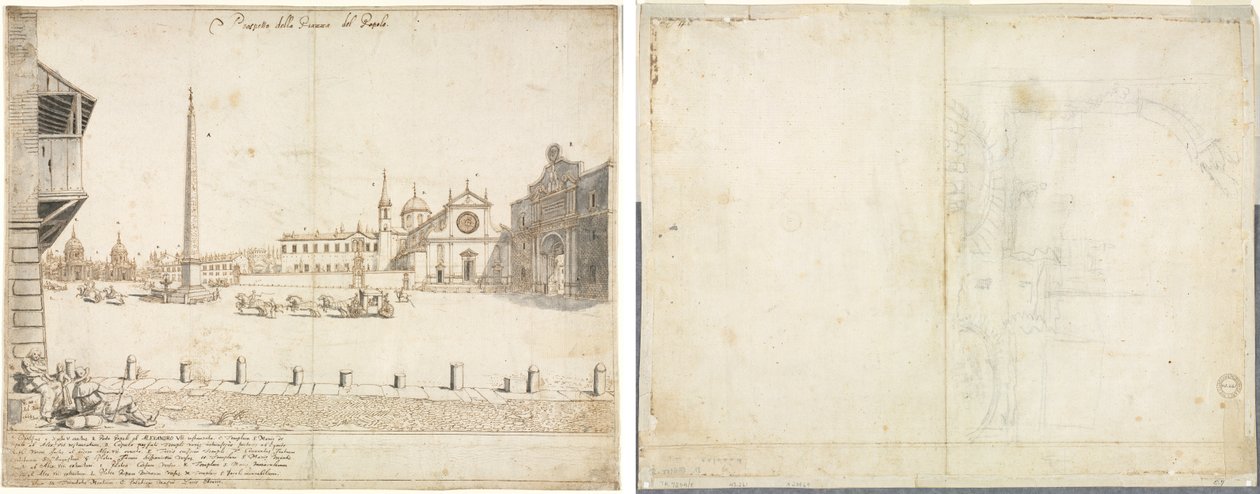 Dix-huit vues de Rome : La Piazza del Popolo (recto); Esquisse pour San Giovanni in Laterano (verso) - Lievin Cruyl