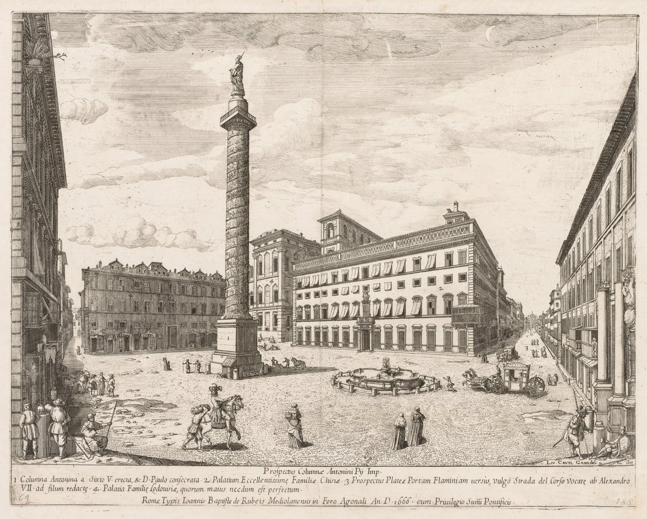 Piazza Colonna de "Prospectus Locurum Urbis Romae Insign[ium]" - Lievin Cruyl