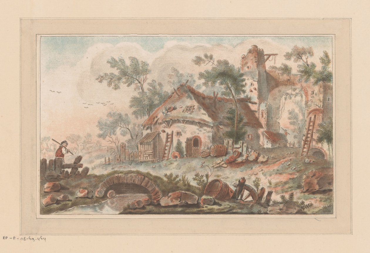 Maison devant une porte de ville délabrée, avec un homme sur un pont au premier plan - Liger (attributed to)