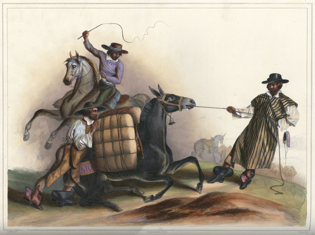 Arrieros, groupe de costumes - Lithograph by Pierre Frédéric Lehnert