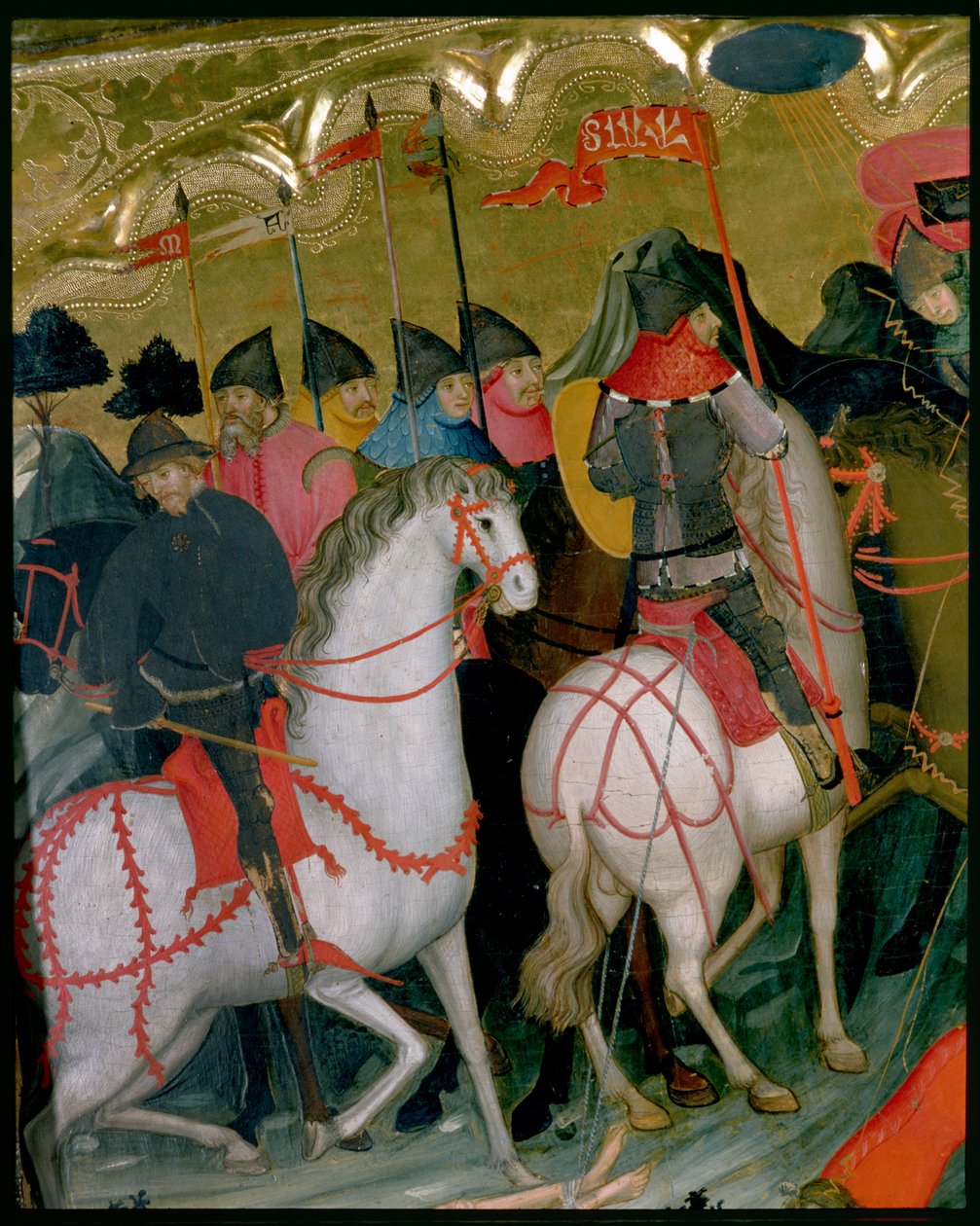Soldats montés, détail du retable de la Vierge et de Saint Georges, c.1390-1400 - Lluís Borrassà