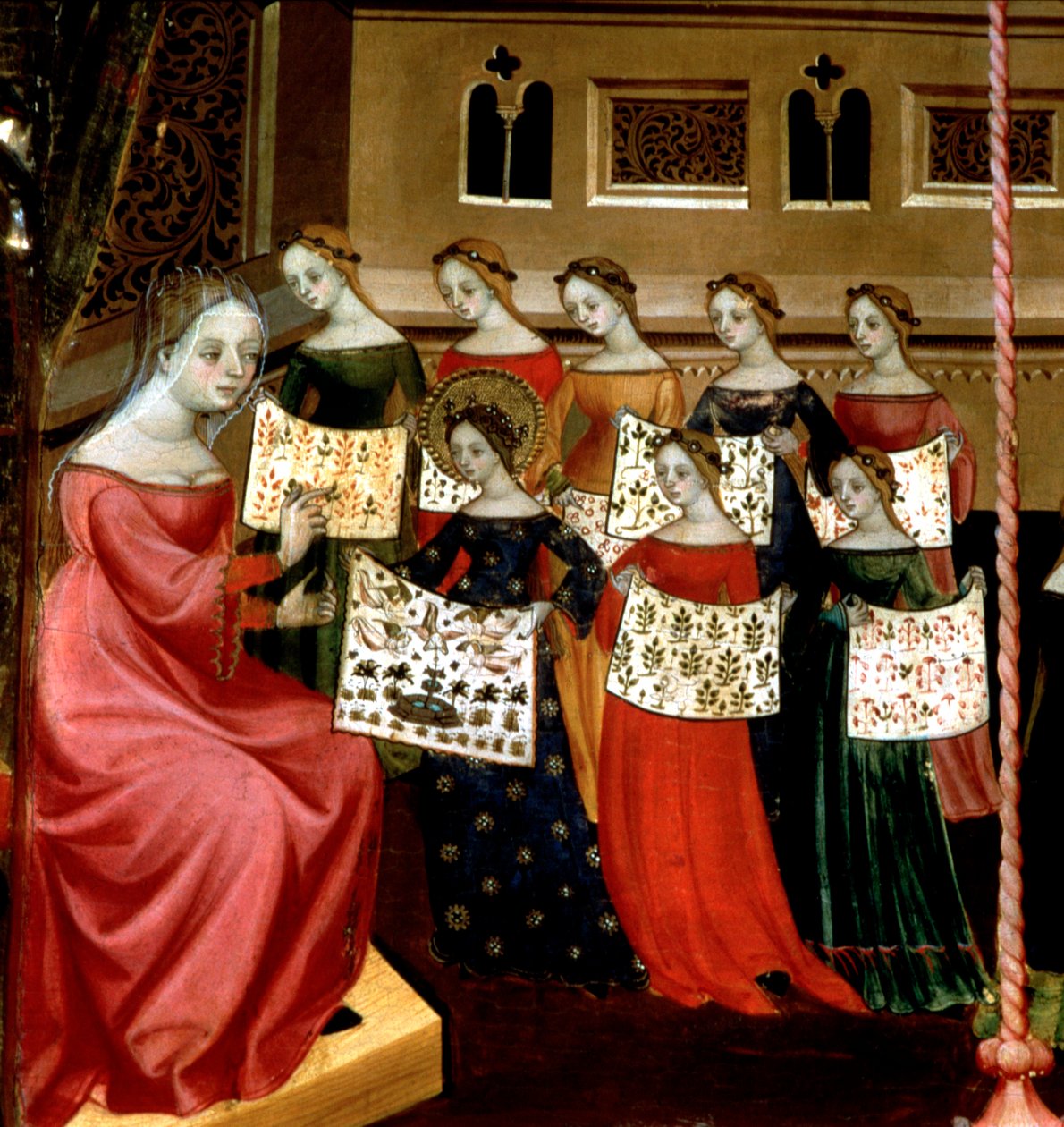 La Vierge Marie avec ses camarades montrant des échantillons de broderie à leur professeur (détail) - Lluís Borrassà