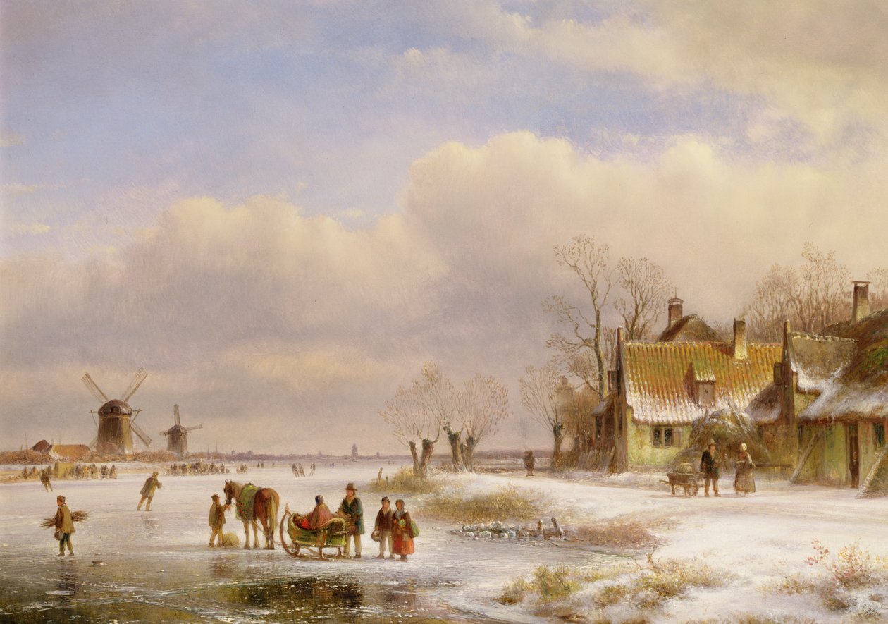 Scène de neige avec moulins à vent au loin, 19ème siècle - Lodewijk Johannes Kleyn