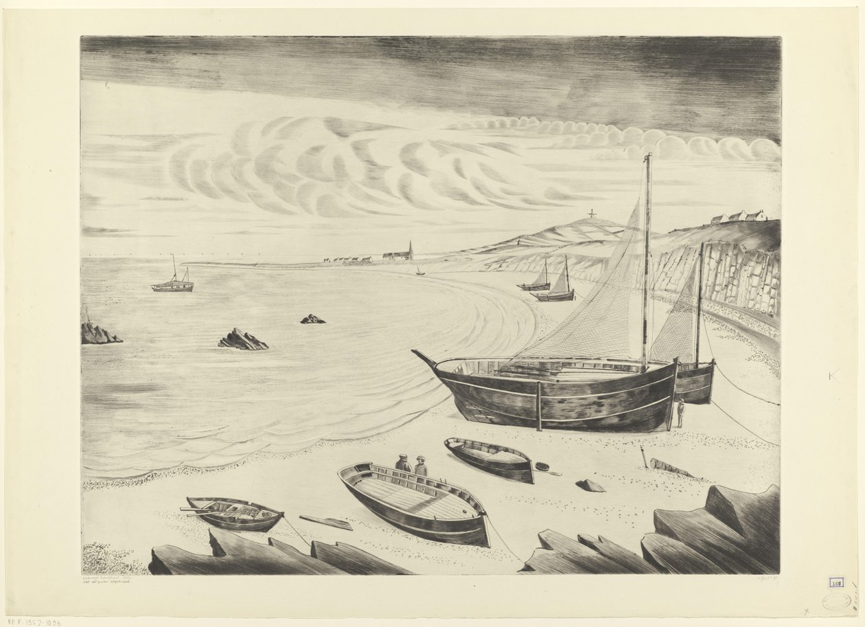 Huit navires amarrés sur une plage - Lodewijk Schelfhout (signed by artist)