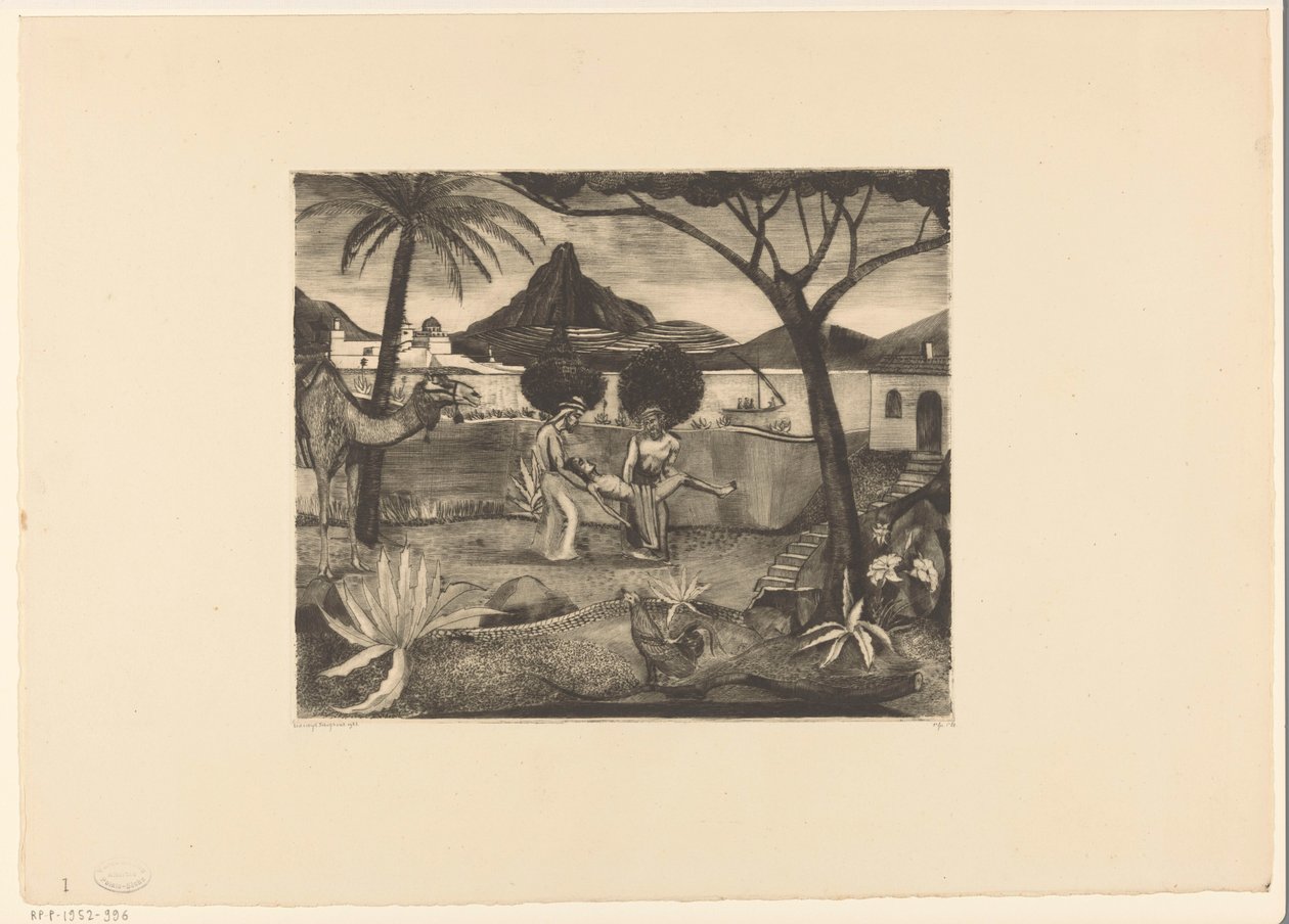 Deux hommes portant un homme dans un jardin - Lodewijk Schelfhout (signed by artist)