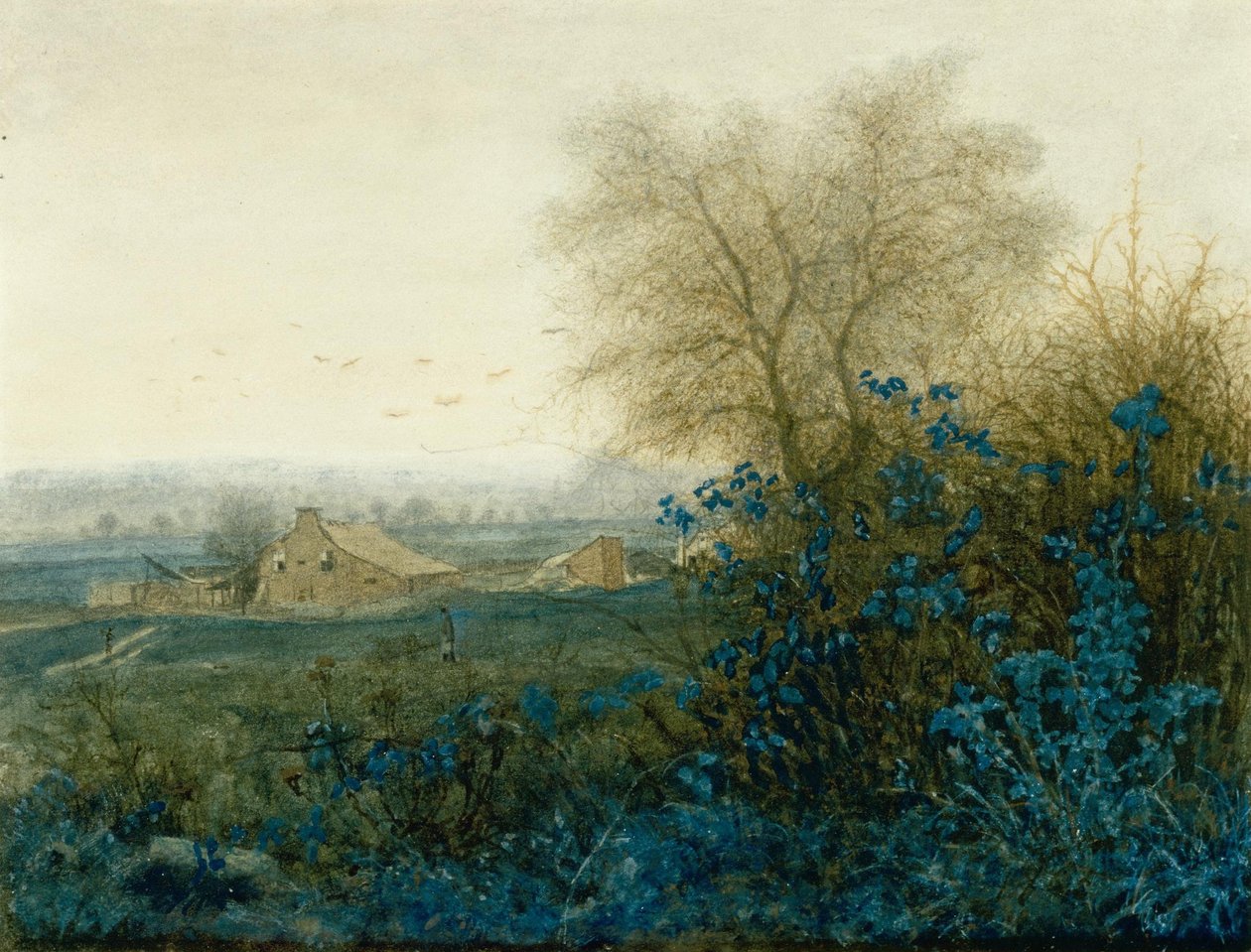 Paysage avec une ferme et un paysan poussant une brouette - Léon Bonvin