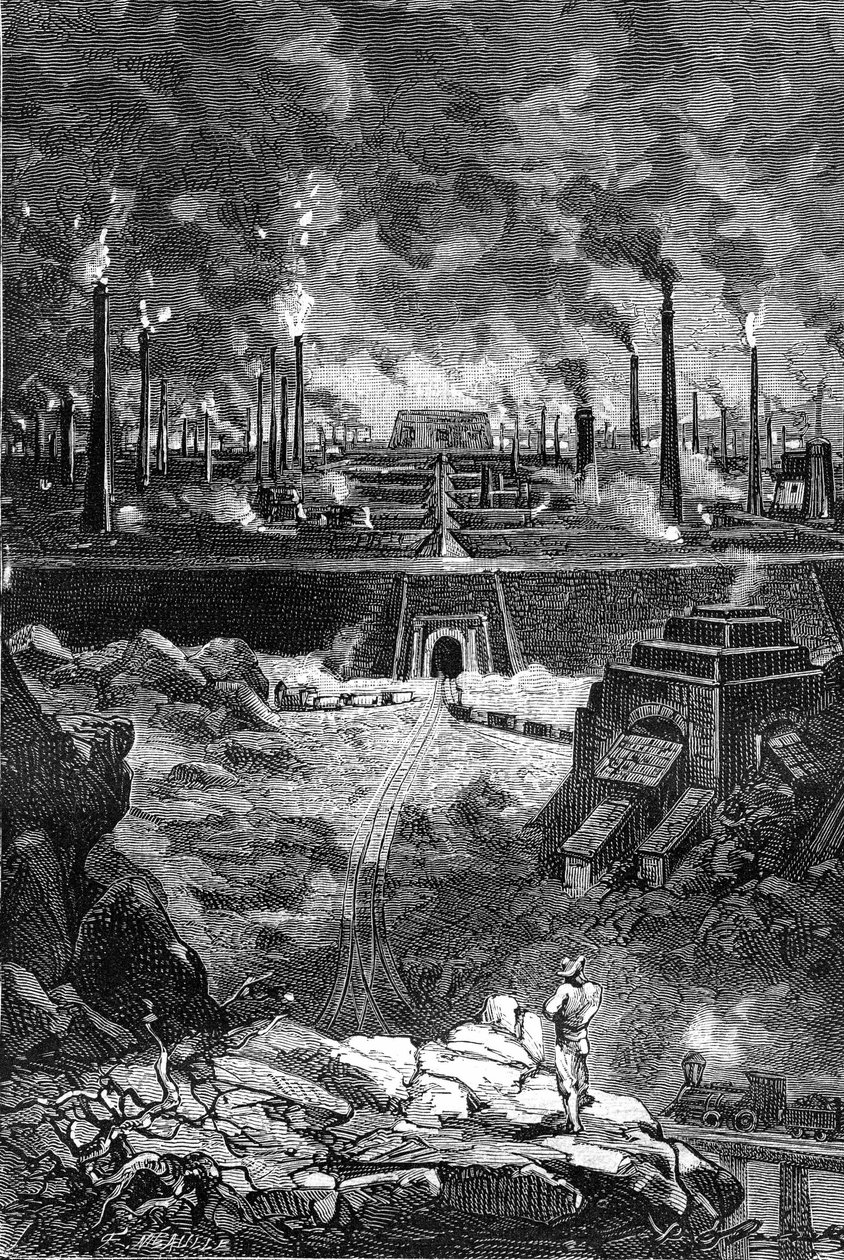 Dessin de Léon Benett, du livre de Jules Verne « Les 500 millions de la Bégum » - édition Hetzel/Voyages Extraordinaires 1879. Vue de la « Ville d