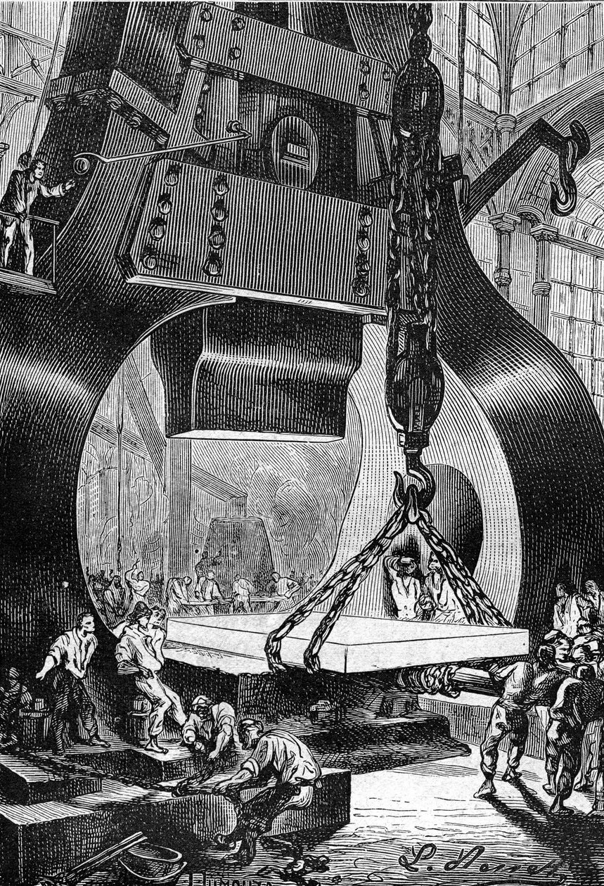 Dessin de Léon Benett, du livre de Jules Verne "Les 500 millions de la Bégum" - édition Hetzel/Voyages Extraordinaires 1879. batteur au marteau au travail dans une aciérie. - Léon Benett