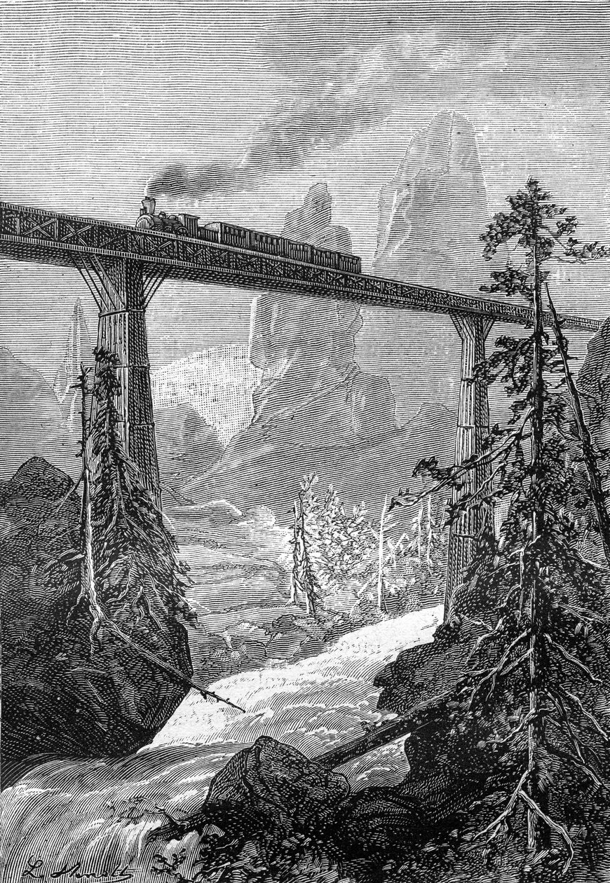 Dessin de Leon Benett, du livre de Jules Verne « Les 500 millions de la Bégum » - édition Hetzel/Voyages Extraordinaires 1879. Train à vapeur passant sur un pont audacieux, dans un paysage de montagne avec torrent - Léon Benett