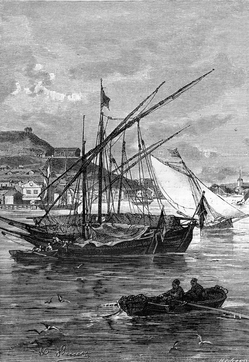 Illustration du roman de Jules Verne "Kéraban le têtu", collection Hetzel/voyages extraordinaires 1883. Dessin de Léon Benett : le port de Kertch (Crimée), sur le détroit de Iénikale, entre la mer Noire et la mer d