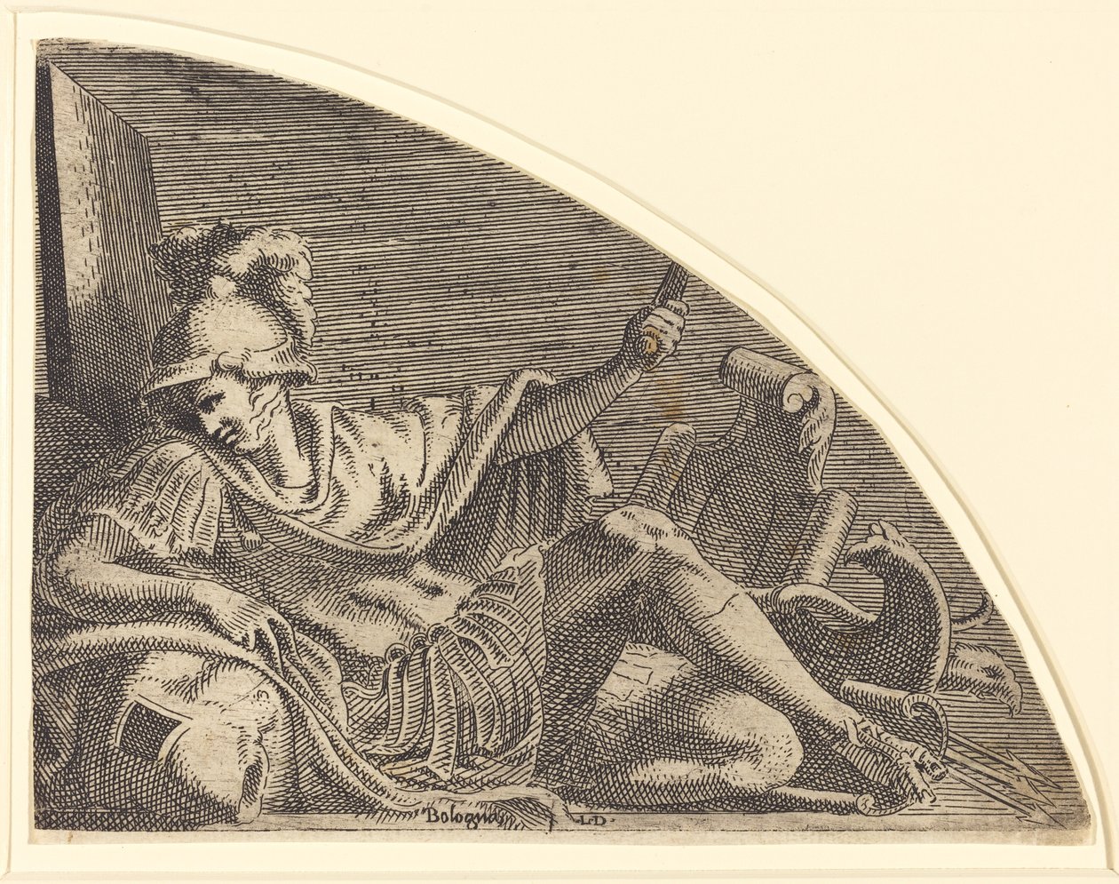 Mars assis sur des trophées - Léon Davent after Francesco Primaticcio