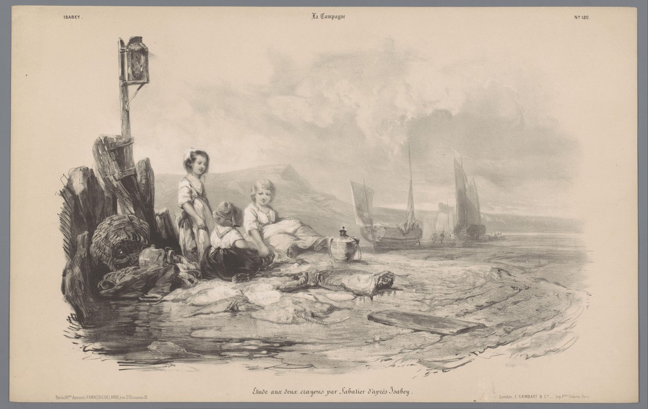 Trois enfants jouant dans une baie (série: La Campagne. Études variées aux deux crayons) - Léon Jean Baptiste Sabatier