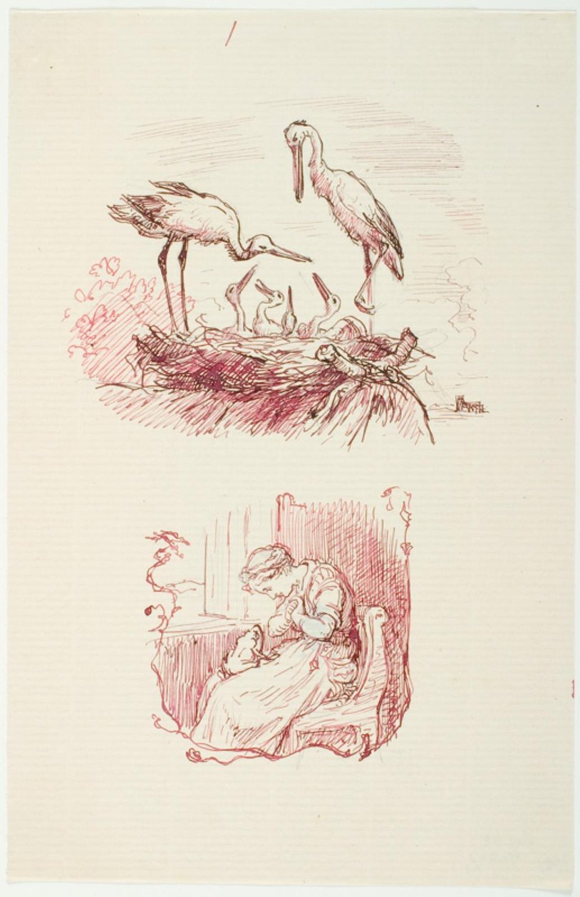 F.o.: Cigognes. F.n.: Femme assise avec une grenouille sur les genoux - Lorenz Frølich