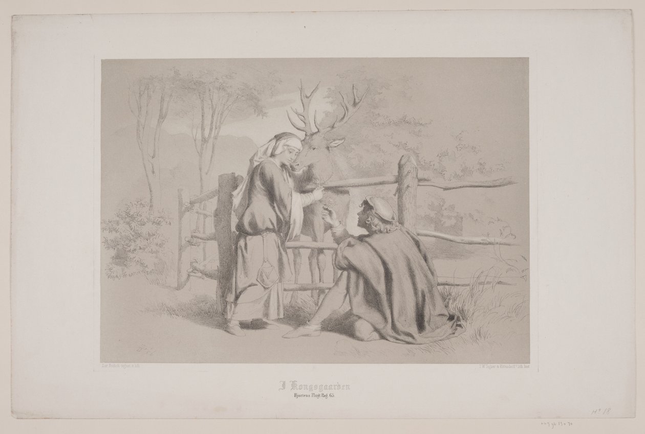 Dans la cour royale, p. 65, illustration de "La Fuite du Cerf" de Christian Winther - Lorenz Frølich