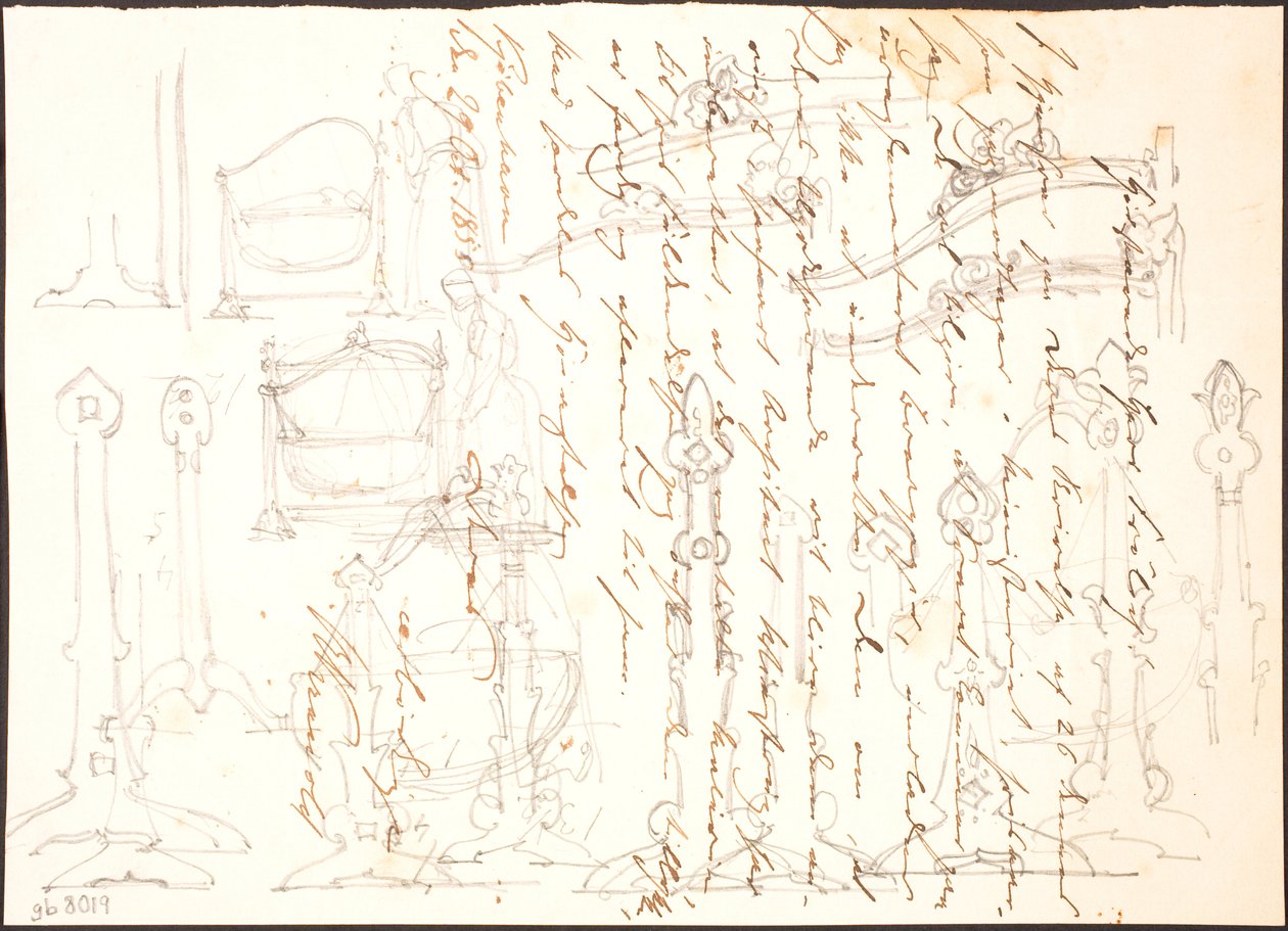 Esquisses de meubles dessinées sur une lettre - Lorenz Frølich