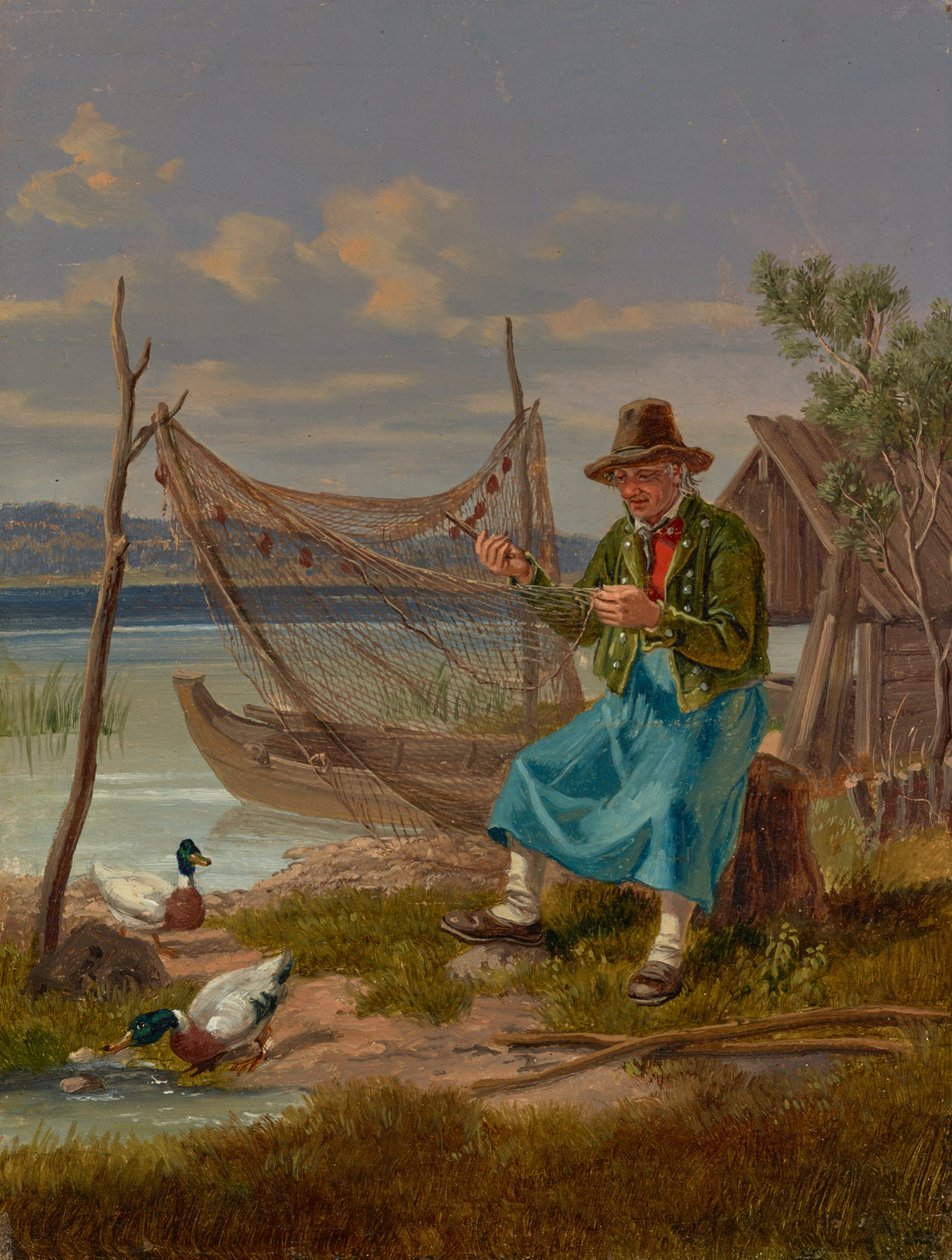 Pêcheurs réparant des filets au bord du lac - Lorenz Quaglio