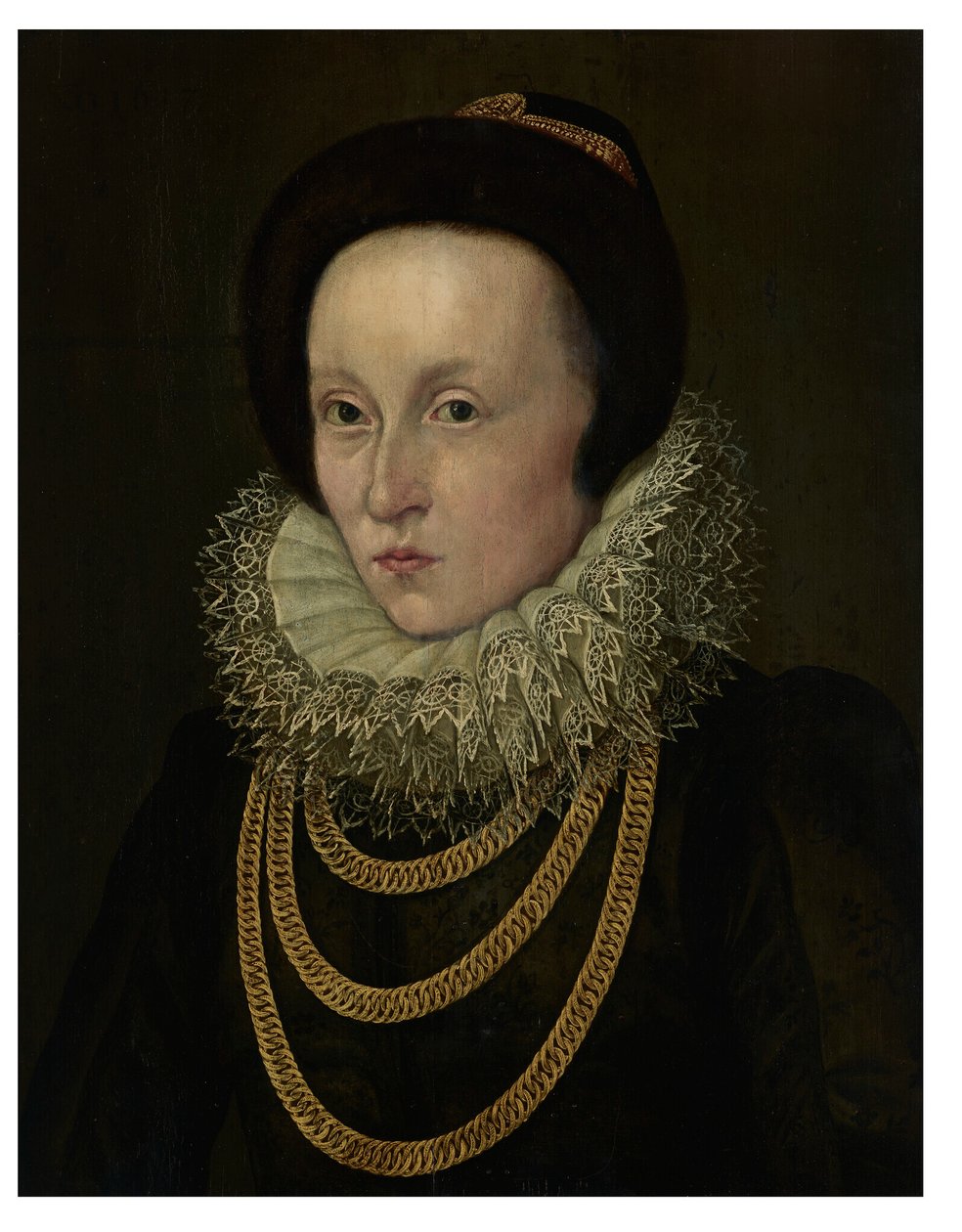 Portrait de femme, buste, avec une collerette en dentelle et des chaînes en or - Lorenz Strauch