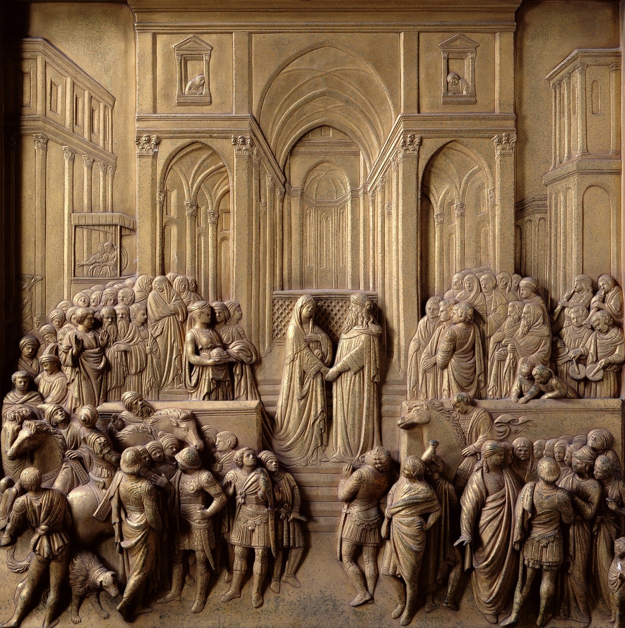 La rencontre du roi Salomon et de la reine de Saba, un des dix panneaux en relief des Portes du Paradis (portes Est), 1425-52 (bronze doré) - Lorenzo Ghiberti