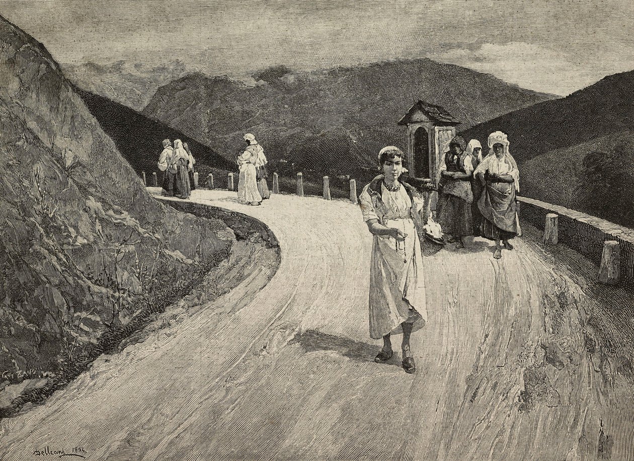 Sur la Voie Sacrée, pèlerine marchant le long du chemin, Brera, Expositions Unies, Milan, Italie, gravure par F Cantagalli d