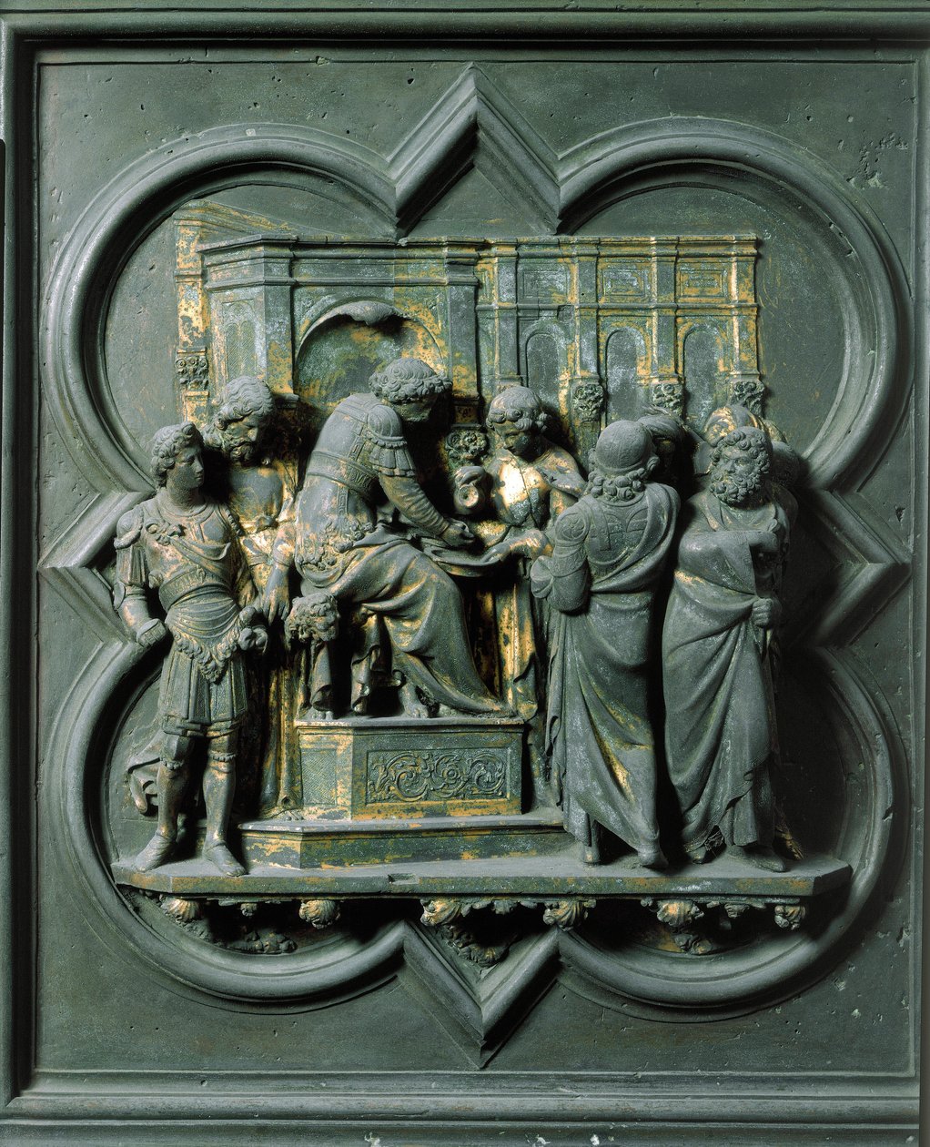 Porte Nord (appelée Porte de la Croix, au Nord), détail extérieur : « Le Christ face à Ponce Pilate » Sculpture en bronze réalisée par Lorenzo Ghiberti (1378-1455) - Lorenzo Ghiberti